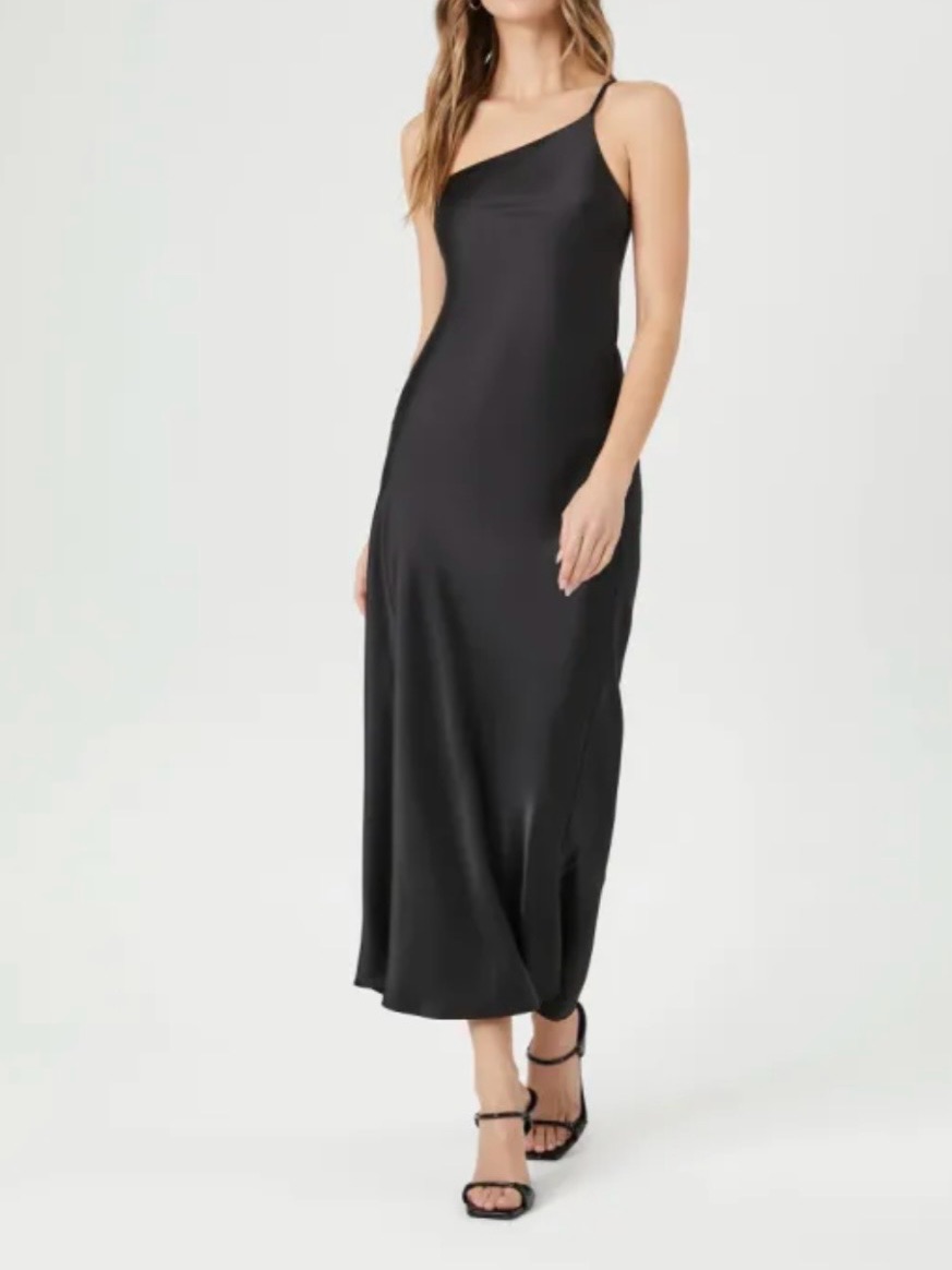 Forever 21 Black One-Shoulder Slip Midi Dress(772)